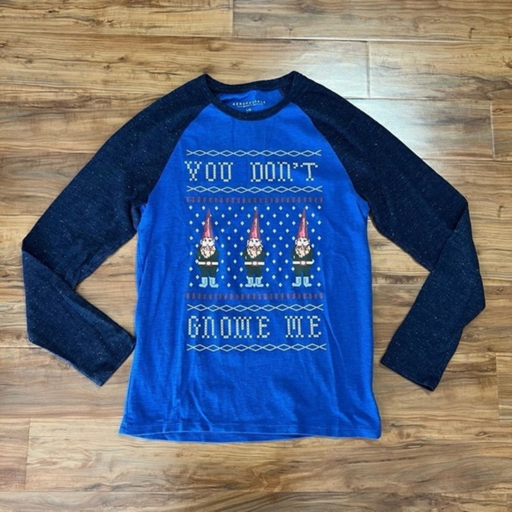 Mens Aeropostale You Don't Gnome Me Long Sleeve Shirt Sz LARGE‎ Long Sleeve Blue
